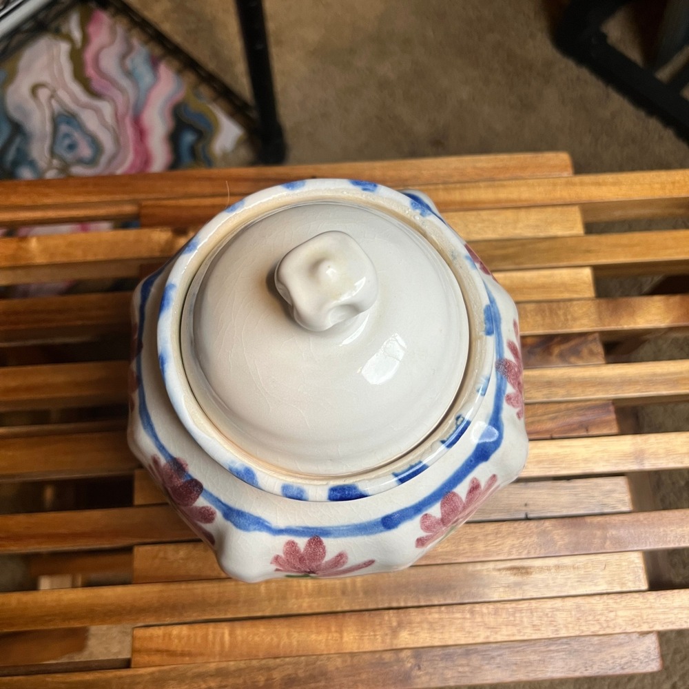 Vintage Signed Studio Pottery Lidded Jar Hand Painted Floral Folk Art 1992 - Picture 2 of 8